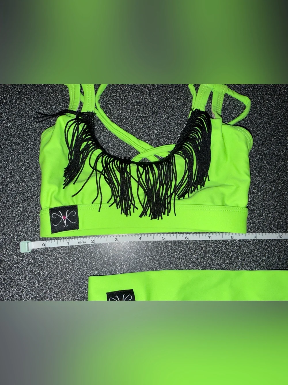 Kandi Kouture NWOT 2 Piece Neon Green Fringe Dance Set Size Child Medium (5/6)
